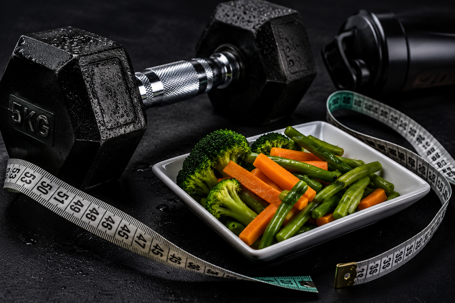 Nutrição Esportiva - halteres, vegetais e fita métrica