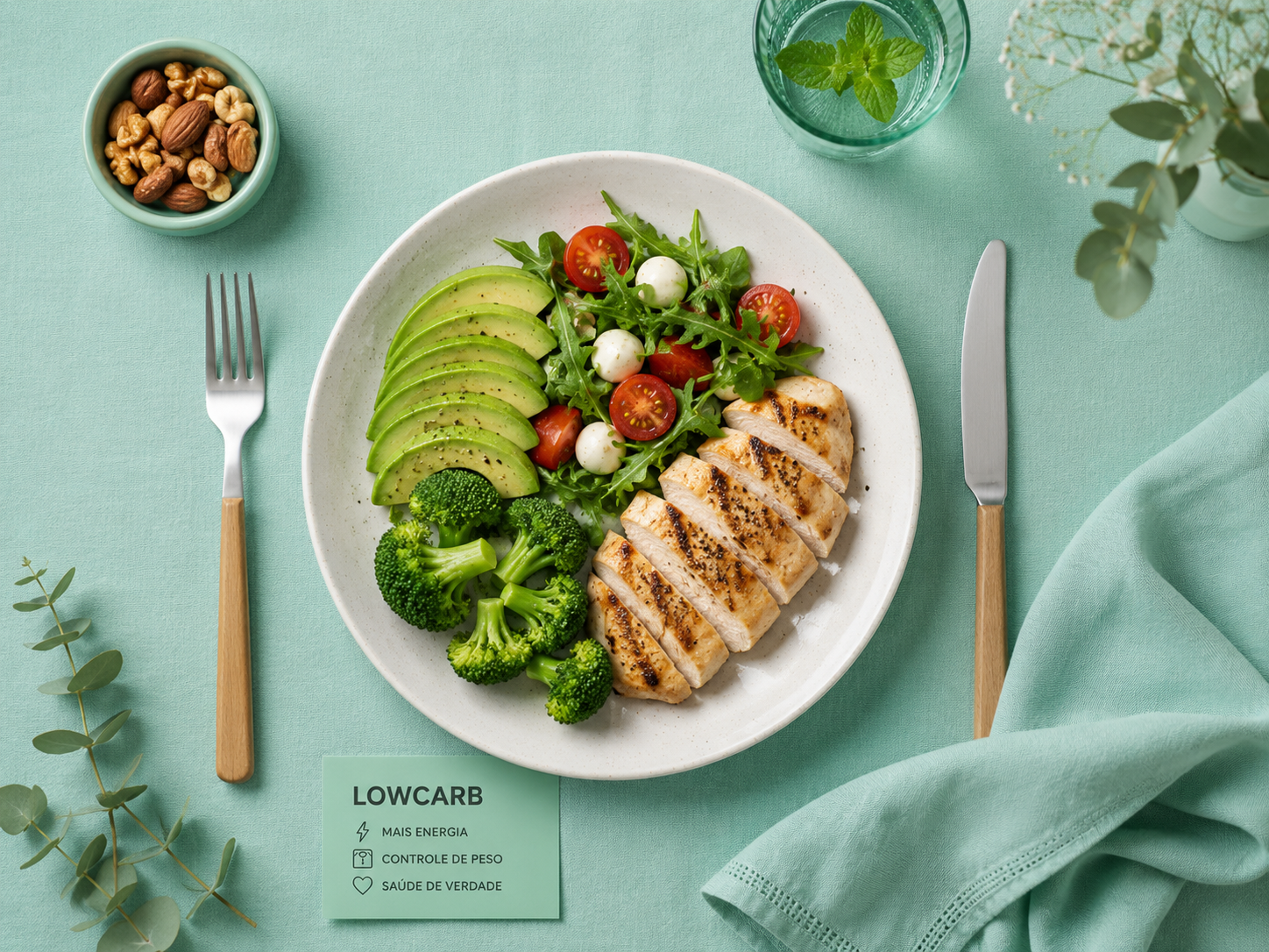 Dieta low carb - prato com frango, abacate, brócolis e salada